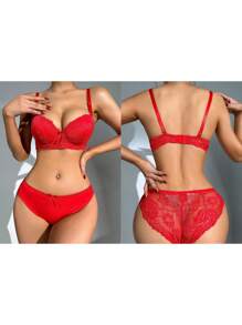 Women's Lace Lingerie Set V Neck Bra With Low Rise Thong Mesh Babydoll Set - Rojo - Ver 3