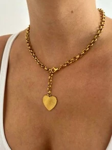 1 件新款条纹心形十字架吊坠粗链不锈钢项链，时尚百搭可调节女士项链，适合日常佩戴和度假