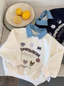 2 件春季儿童连帽运动衫，男女通用卡通小狗牛仔领套头衫，时尚