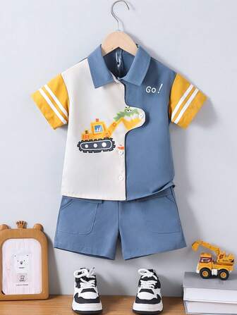 2pcs/Set Young Boy Summer Contrast Color Digger Print Shirt And Pocket Lid Shorts Set