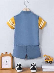 2pcs/Set Young Boy Summer Contrast Color Digger Print Shirt And Pocket Lid Shorts Set - Blue - View 2