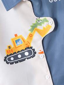 2pcs/Set Young Boy Summer Contrast Color Digger Print Shirt And Pocket Lid Shorts Set - Blue - View 4