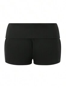 Women Fold Over Shorts Wide Waistband Rollover Yoga Shorts Y2K Low Rise Booty Shorts - 黑色 - 查看 6