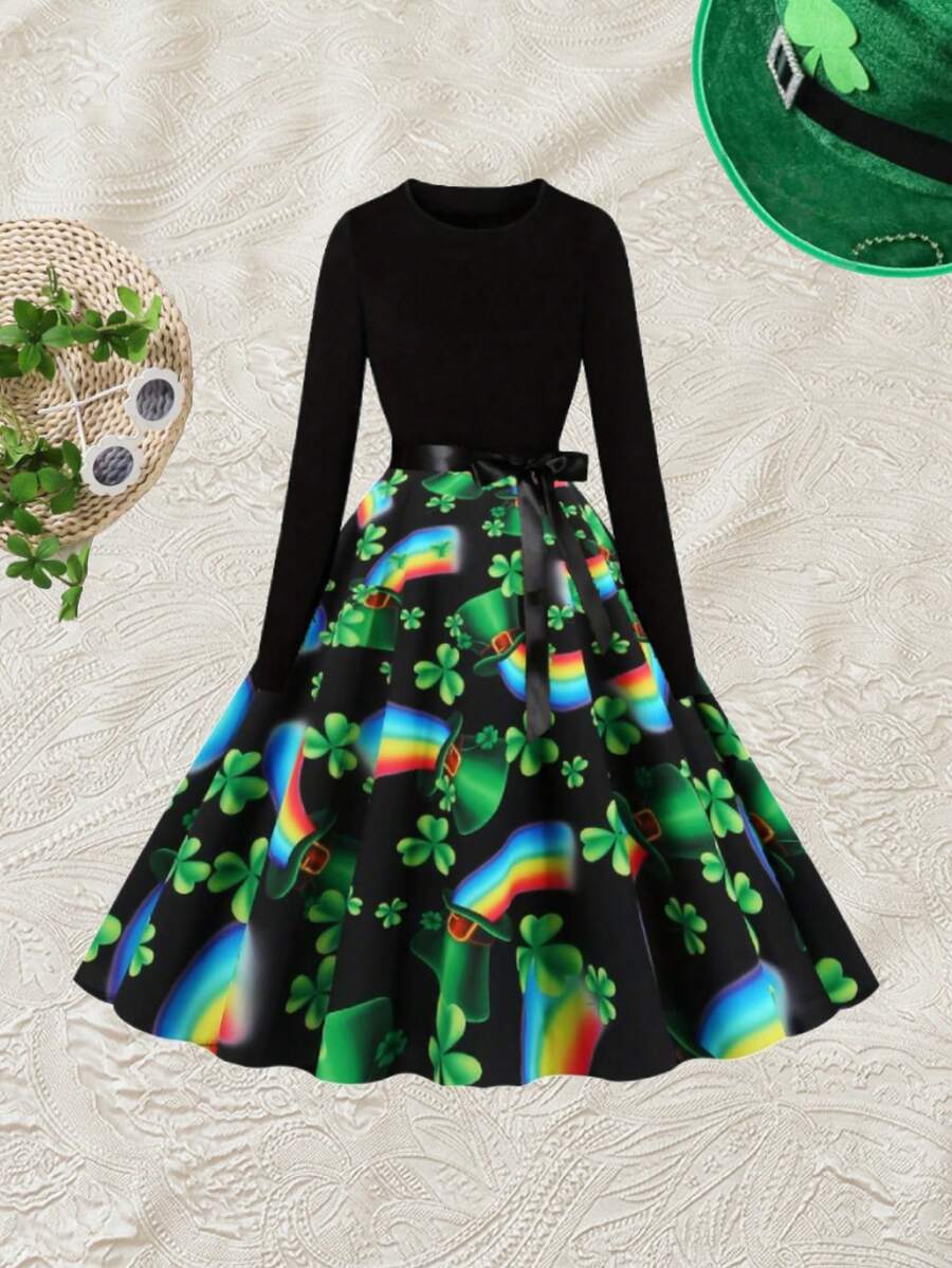 Vintage St. Patrick's Tag Muster Rundhals Taille hoch Patchwork Langarm A-Linie Kleid mit Schleife - Minzgrün - Übersicht 1