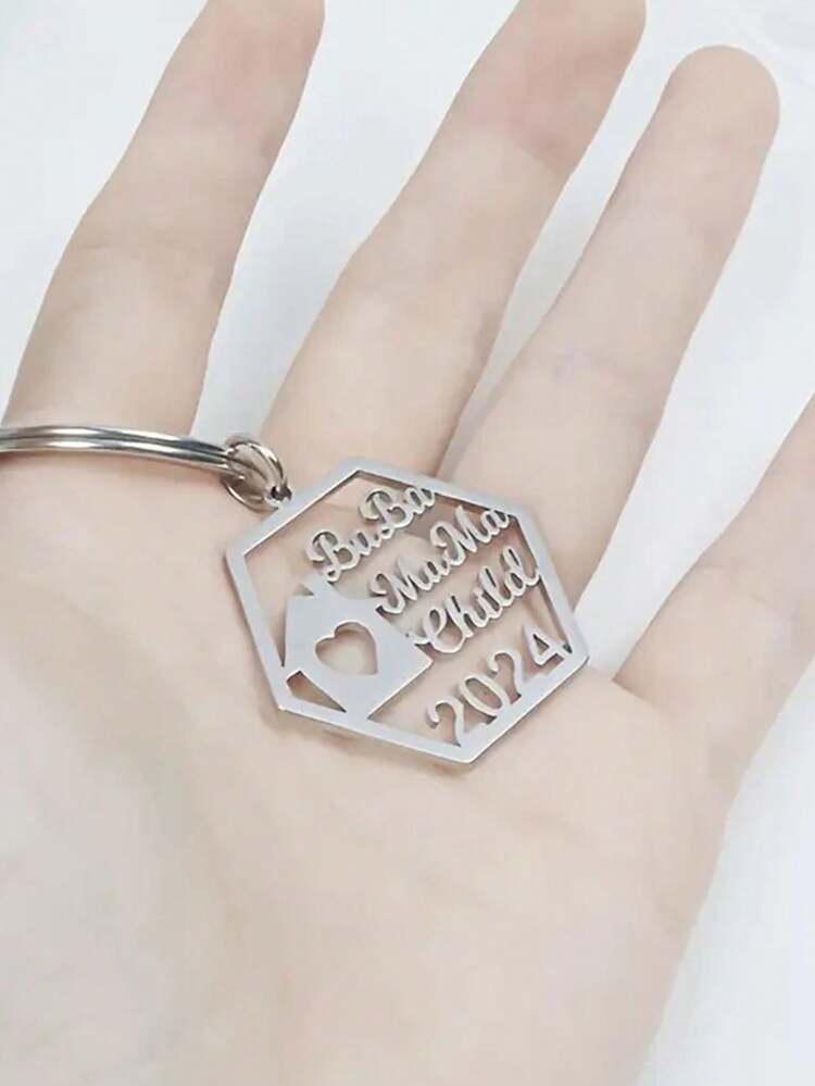 Customized Family Key Chain, Personalized Hexagon Yearly Number Key Ring, Stainless Steel Heart Home Pendant Key Chain, Family Gift - Multicolor - View 3