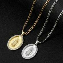 dollrinboy 1 st. 14K vergulde Guadalupe Maagd Maria ovale hanger ketting voor vrouwen mannen Zirconia inlay Maagd Maria 3mm platte Figaro ketting