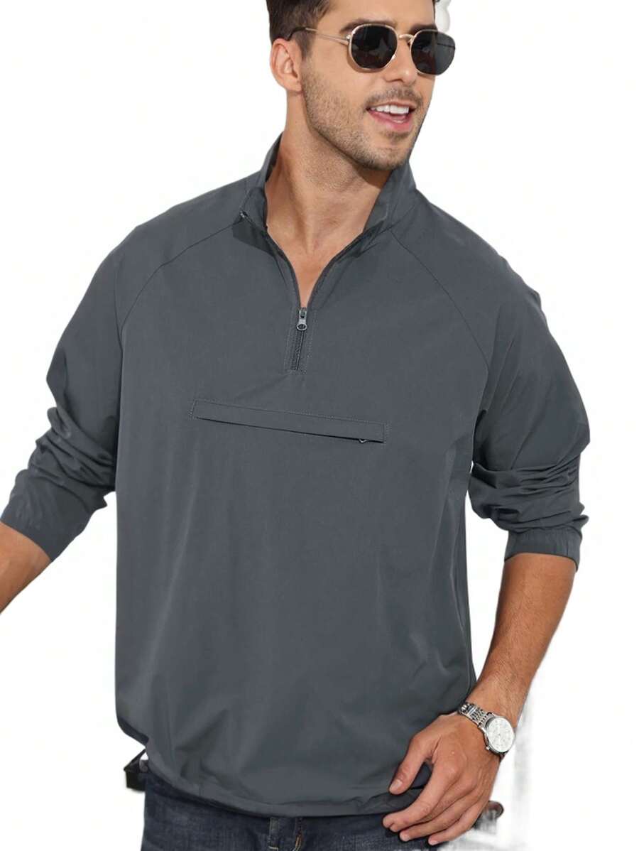 Men's Lightweight Quarter Zip Pullover For Golf, Hiking, And Running Windbreaker Workout Sweatshirt With Pocket - 灰色 - 查看 1