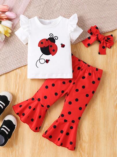 Baby Girls' Spring/Autumn Fashion Cute Ladybug Print Cap Sleeve Top, Polka Dot Print Flare Pants And Headband 3pcs Set