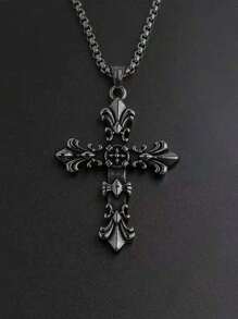 rundraw 1 件十字形花卉图案金属吊坠项链，男女通用，适合派对，适合日常服装配饰 - 復古銀色 - 查看 8