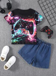 2 件装幼儿男童休闲游戏图案 T 恤和破洞牛仔短裤套装 - 彩色 - 查看 2
