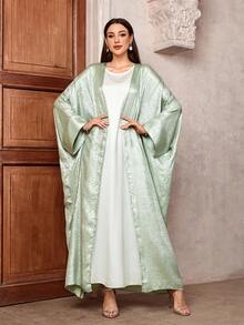 One Piece Women's Shiny Batwing Satin Open Kimono Abaya Muslim Kaftan Dress Islam Clothing Robe Outwear Long Coat - Mint Green - View 5