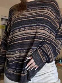 Women Y2k Striped Sweater Vintage Oversized Long Sleeve Crew Neck Knit Sweatshirt Pullover Tops Casual Knitwear Spring Fall Grunge Goth Clothes Streetwear - màu nâu - Xem 1