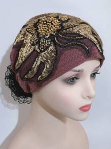1 件女士优雅时尚网纱花朵亮片串珠拼布发带头巾，透气百搭头巾，适合户外、派对、购物 - 彩色 - 查看 17