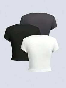 3pcs/Set Women's Summer Solid Color Casual Crop Top - Multicolor - View 2