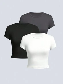 3pcs/Set Women's Summer Solid Color Casual Crop Top - Multicolor - View 1