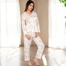 Women's Toile Print Button-Up Long Pajama Set - Pink - View 4