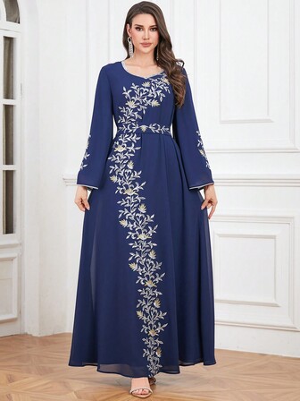 SISKAKIA Vestido modesto con escote en V, manga larga, cinturón y lentejuelas, para mujeres musulmanas en festivales de Eid, Kebaya