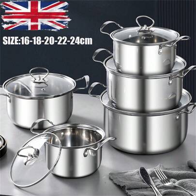 5-Piece Stainless Steel Cookware Set | Induction Compatible Non-Stick Pots & Pans With Glass Lids | For Gas & Ceramic Hobs | For Home Kitchen & Camping