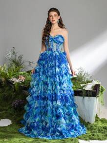 Vestido de fiesta formal y vestido de noche con corsé drapeado de malla lujoso y elegante de Faeriesty - Azul - Ver 4