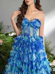 Vestido de fiesta formal y vestido de noche con corsé drapeado de malla lujoso y elegante de Faeriesty - Azul - Ver 8