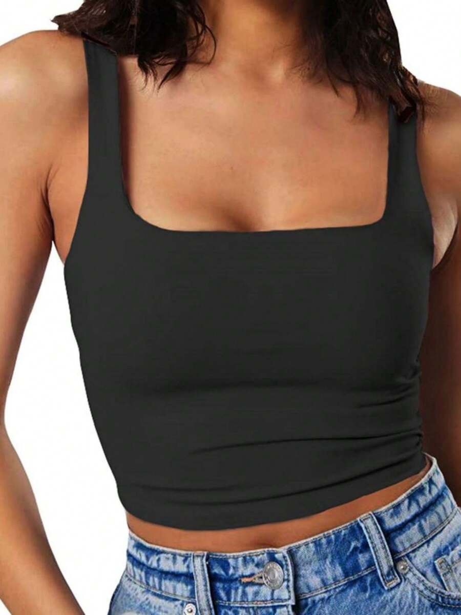 HIGHFINE Women's Square Neck Cropped Tops, Basic Sleeveless, Tight Vests, Casual Vests - 黑色 - 查看 1