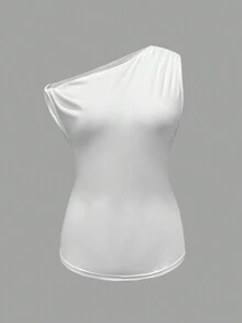 女士休闲扭纹单肩弹力白色 T 恤上衣，简约风格，适合日常穿着，春夏季 - 白色 - 查看 5