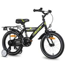 HILAND Rocket 16" 18" Vélo pour Enfants pour Garçons et Filles de 4 à 9 Ans, Vélo pour Enfants avec Cadre en Acier Carbone, Frein à Etrier, Frein à Rétropédalage arrière, Roues d'Entraînement Blanches et Porte-Bagages, 18 Pouces Avec Lumières (Noir/Blanc)