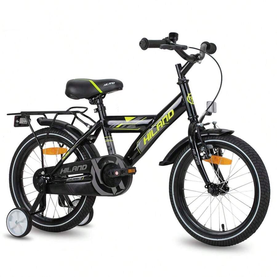HILAND Rocket 16" 18" Vélo pour Enfants pour Garçons et Filles de 4 à 9 Ans, Vélo pour Enfants avec Cadre en Acier Carbone, Frein à Etrier, Frein à Rétropédalage arrière, Roues d'Entraînement Blanches et Porte-Bagages, 18 Pouces Avec Lumières (Noir/Blanc)