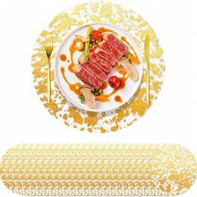 62pcs Disposable Gold Foil Placemats, Circular Gold Foil Table Mats, Decorative Mesh Table Mats, Sparkling Aluminum Foil Tablecloths, Gold Metal Thin Mesh Tablecloths, Suitable For Table Decoration