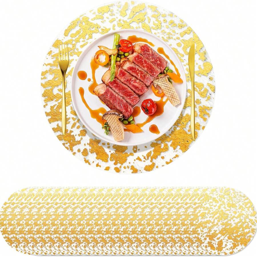 62pcs Disposable Gold Foil Placemats, Circular Gold Foil Table Mats, Decorative Mesh Table Mats, Sparkling Aluminum Foil Tablecloths, Gold Metal Thin Mesh Tablecloths, Suitable For Table Decoration