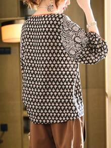 YUXIN Women's Spring - Summer Retro Floral Top, Crew Neck Lantern Sleeve, Daily Outing/Light Social, Breathable Slim - Fitting Fashion Blouse