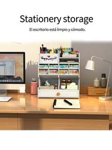 White Pen Holder And Stationery Organizer With Drawer, DIY Pencil Holder, Desk Organizer For Home, Office And School - 白色 - 查看 4