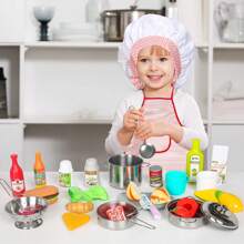 Kids Kitchen Pretend Play Set With Apron & Chef Hat, Stainless Steel Cookware & Cutting Food Toys, Realistic Cooking Playset, Educational Gift For 2+ Toddlers - Multicolor - View 3