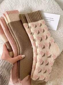 4 双女士羊毛混纺袜子，厚实保暖毛绒衬里中筒袜，可爱少女甜美粉色设计，适合秋冬季