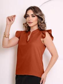 MARILYN MONNA New Women's Solid Color Classic V-Neck Ruffle Elegant Notched Neck Sleeve Blouse - 亮橙色 - 查看 4