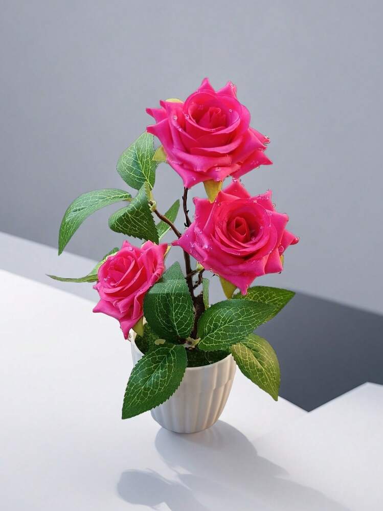 1 pieza/1 set de Flor de rosa artificial de seda con gotas de rocío realistas, 3 cabezas de rosa, planta en maceta miniatura falsa para decoración del hogar, planta verde artificial - Multicolor - Añade 2