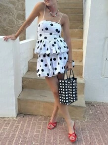 Conjunto de verano y primavera de moda elegante y casual para dama con diseño de volantes de estampado de lunares, top halter sin tirantes elástico y falda globo de dos piezas