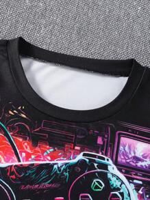 2 件装幼儿男童休闲游戏图案 T 恤和破洞牛仔短裤套装 - 彩色 - 查看 4