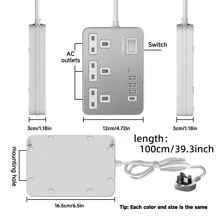 电源 7 合 1 扁平插头电源插座延长线，4 个 USB 充电端口延长插座，壁挂式，一键电源控制，过载保护，13A 3120W 电源插座，黑白金，适用于家庭办公室