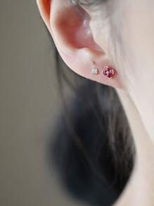 1 Pair S925 Sterling Silver Plated 14K Gold Cute Floral Ruby Stud Earrings For Girl