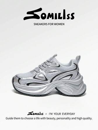 somiliss 1 双女式休闲系带运动鞋，仿皮和网眼鞋面，透气舒适的跑步鞋，时尚厚底增高 6 厘米，低帮户外步行鞋，银色