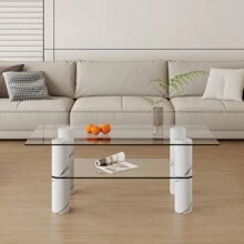 Modern Minimalist Double Layered Transparent Tempered Glass Coffee Table And Coffee Table, Paired With White MDF Drative Columns. Computer Desk. Game Table. CT-X02