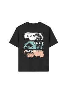 Tween Girl 棕榈树印花圆领短袖 T 恤，夏季上衣 - 黑色 - 查看 3