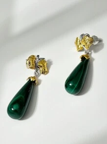 1 Pair 925 Sterling Silver Luxury Vintage Peacock Stone Pendant Earrings, Golden Floral Petal & Delicate Leaf Design Jewelry, Displaying Elegant Feminine Charm, Suitable For Formal Occasions Like Gala And Wedding