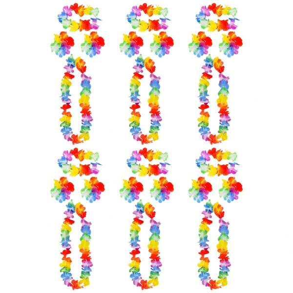 24 Pcs Hawaiian Garlands, Hawaiian Leis Set With Necklace Headbands Bracelet, Tropical Theme Party Decorations Vibrantly Colored Hawaiian Fancy Dress Luau Flower Essential Tropical Decorations(There Are A Total Of 6 Sets, Each Set Containing 4 Pieces, For A Total Of 24 Pieces)