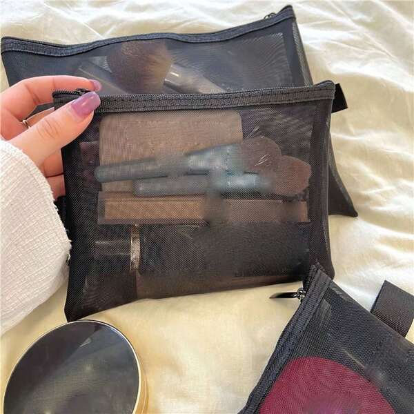 1 pieza Nueva bolsa de cosméticos de viaje con red transparente, neceser portátil de maquillaje mini, revestimiento interior sencillo, bolsa organizadora de cosméticos versátil para lápiz labial, neceser de cosméticos transparente, bolsa de aseo de viaje multifuncional