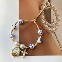 1 件，手工制作的心形手链珍珠贝壳珠手链可调节编织吊饰流苏宗教手链女士