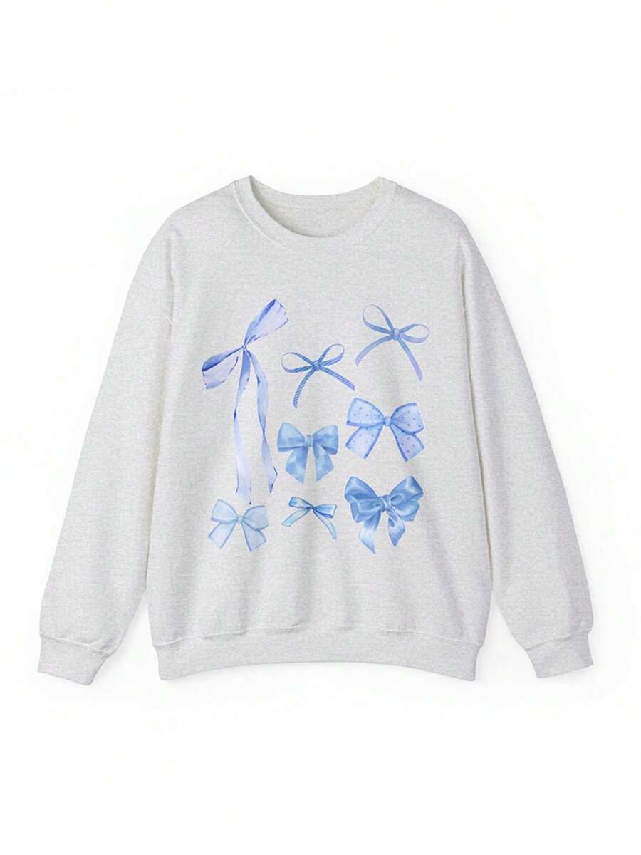Women Sweatshirt, Long Sleeve Crew Neck Bow Print Hoodie Pullover Casual Fall Tops - Light Grey - View 1