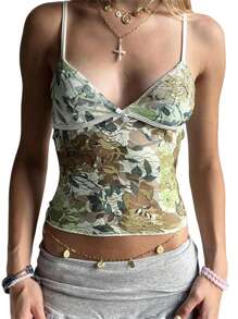 Women Crop Lace Camisole Casual Floral Print V-Neck Spaghetti Straps Tank Tops Sleeveless T-Shirt For Club Streetwear - Green - View 1