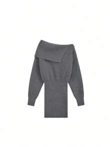 韩式简约露肩紧身罗纹针织迷你连衣裙